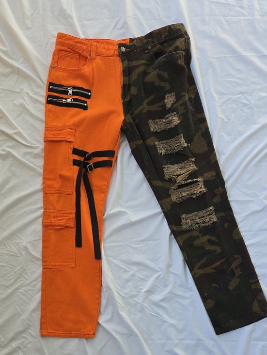 Other - Men's Funky Jeans 2 Tone, One Leg Orange, Other Leg Green Camo Front/Back,